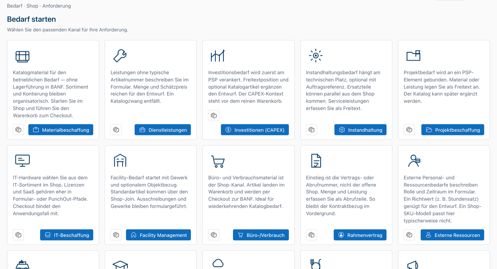 BANF: Bedarf starten über passende Kanäle wie Materialbeschaffung, Dienstleistungen oder Instandhaltung (Demo)