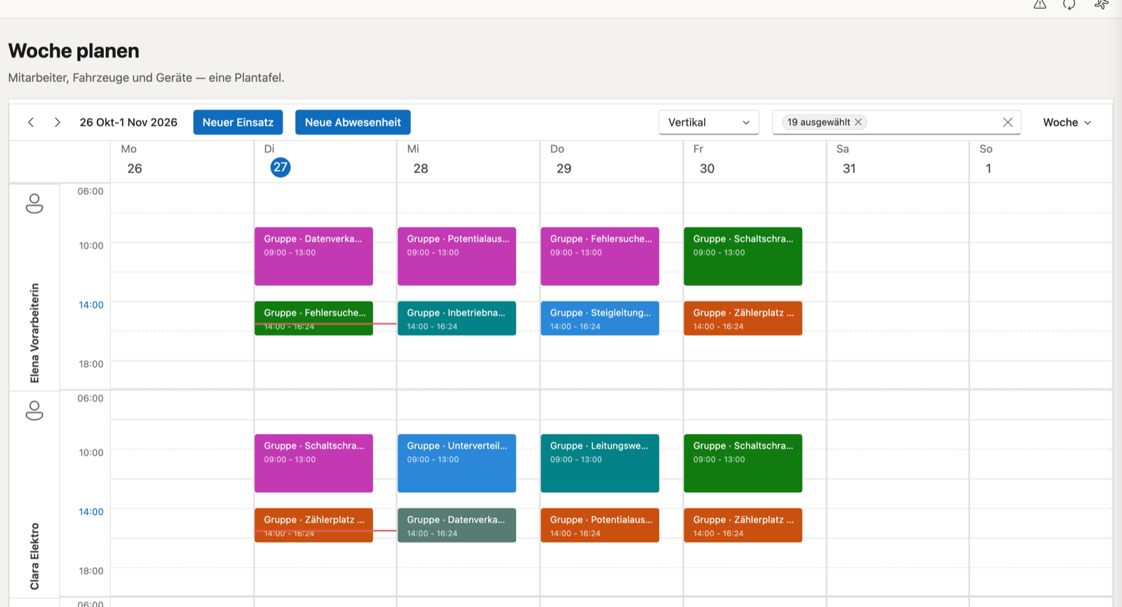 Ressourcen: Wochenplantafel mit Einsätzen je Mitarbeiterin und Mitarbeiter (Demo mit erfundenen Daten)