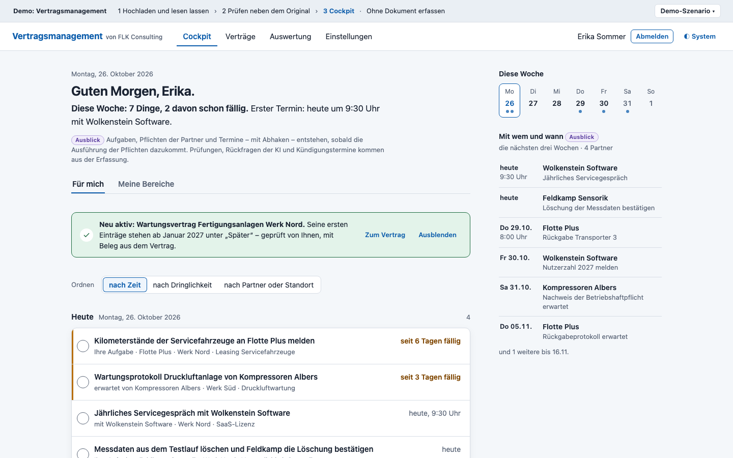 Startseite „Für mich“ im Vertragsmanagement: was heute und diese Woche ansteht (Demo mit erfundenen Daten)