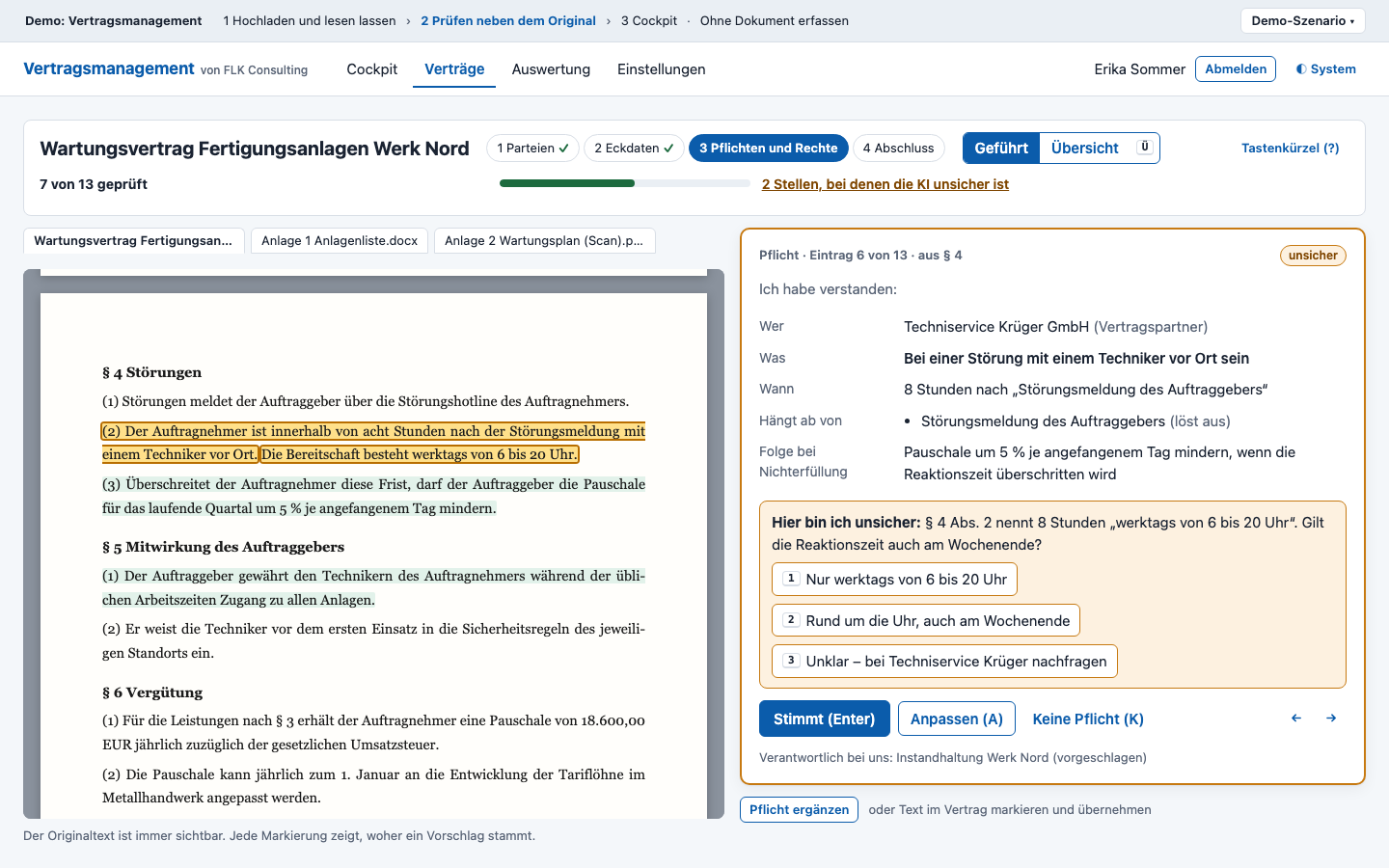 Prüfen in der Demo: links der Originaltext, rechts der Vorschlag der KI mit Rückfrage (erfundene Daten)